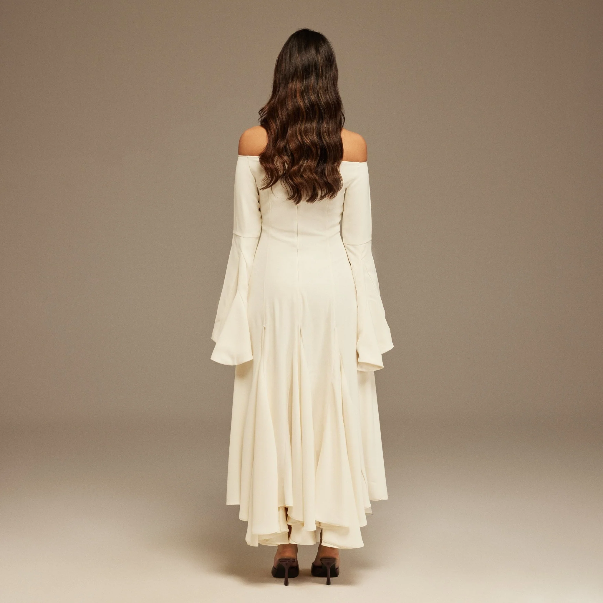 Off White Off-Shoulder Aline Midi Crepe Dress - Image 4