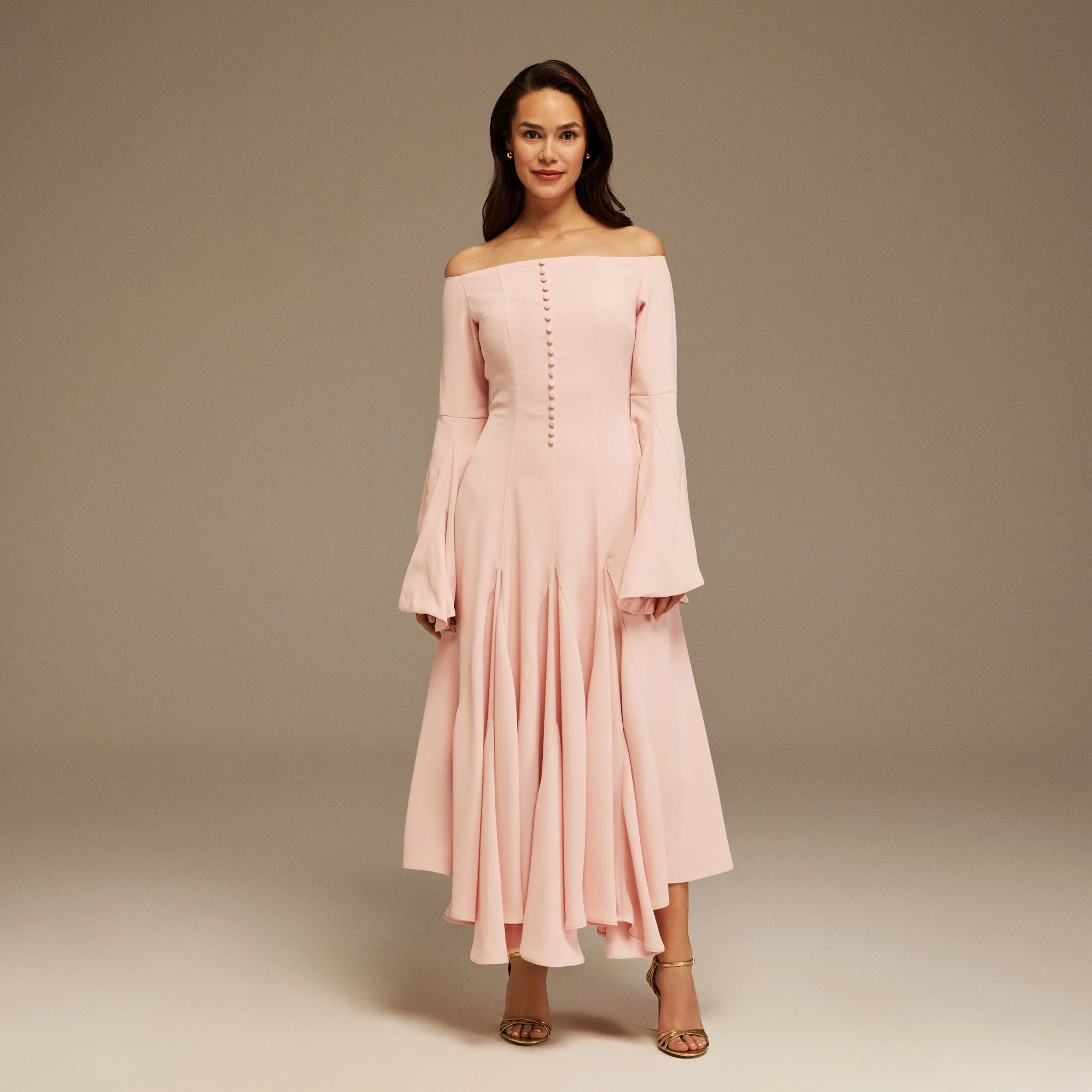 Pink Off-Shoulder Aline Midi Crepe Dress