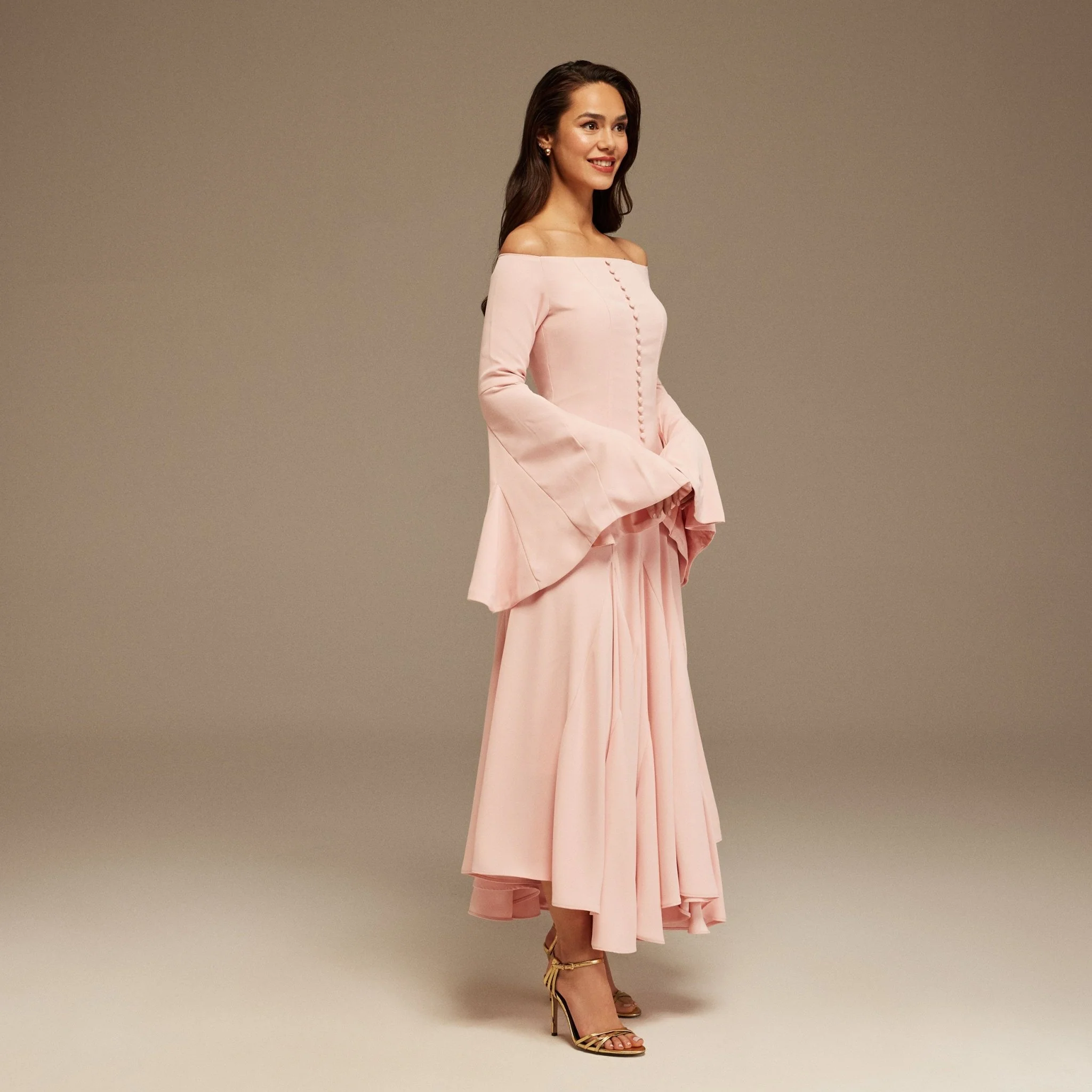 Pink Off-Shoulder Aline Midi Crepe Dress - Image 2