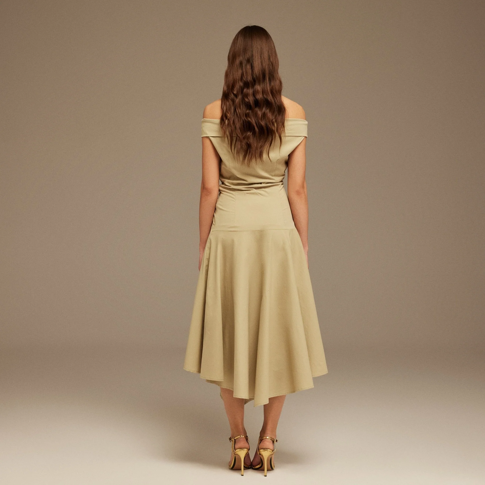 Beige Off-Shoulder Cotton Ruched Midi Dress - Image 4