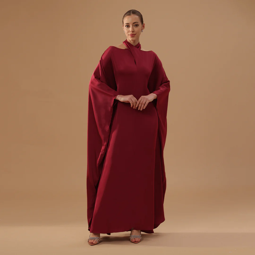 Dark Red Off-Shoulder Neck Strap Kaftan with Inner Belt