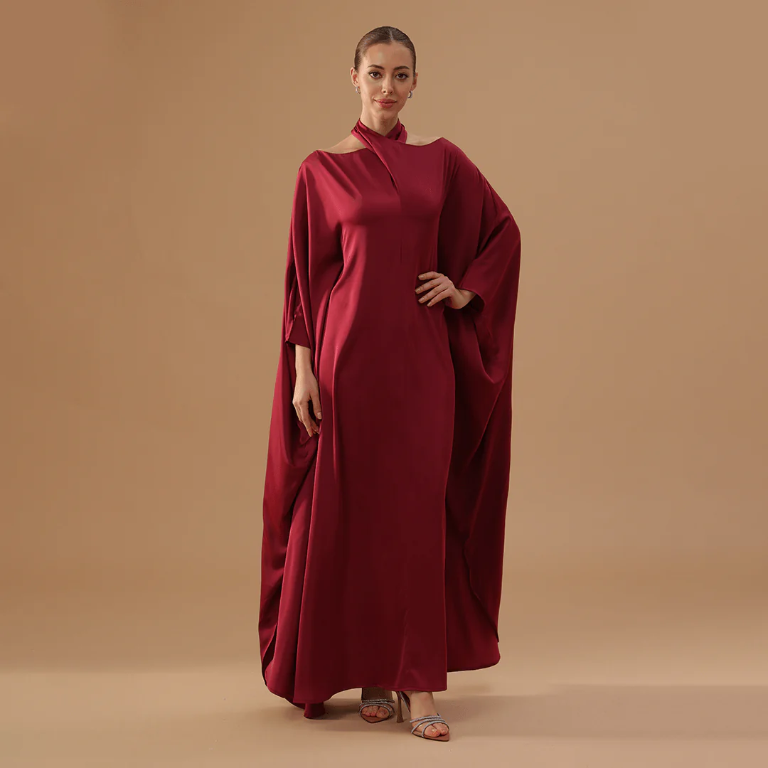 Dark Red Off-Shoulder Neck Strap Kaftan with Inner Belt - Image 2