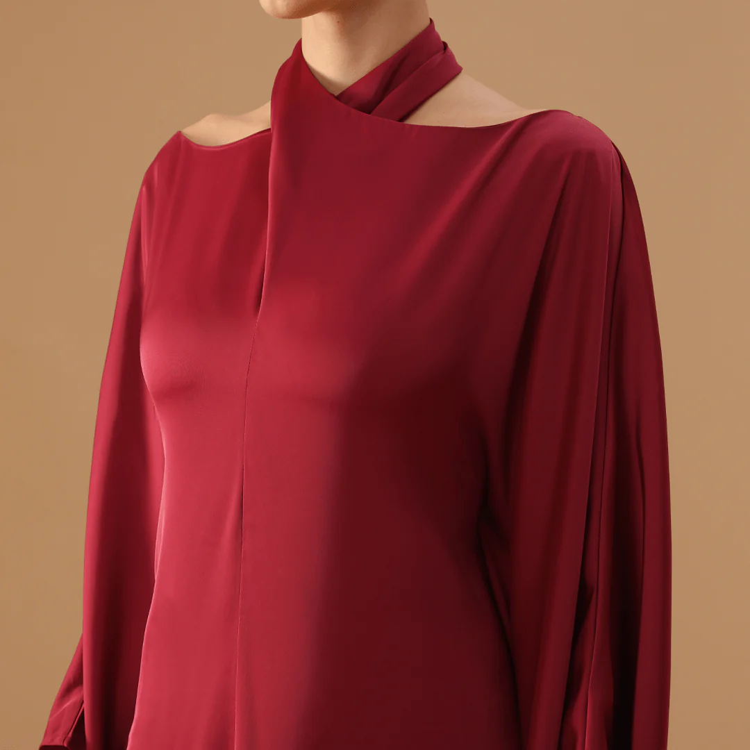 Dark Red Off-Shoulder Neck Strap Kaftan with Inner Belt - Image 3