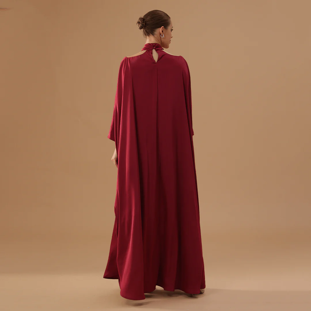Dark Red Off-Shoulder Neck Strap Kaftan with Inner Belt - Image 4