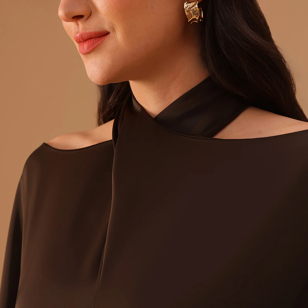 Brown Off-Shoulder Neck Strap Kaftan with Inner Belt - Image 3