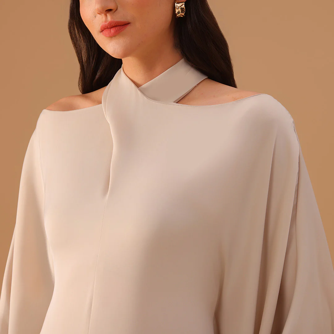 Ivory Off-Shoulder Neck Strap Kaftan with Inner Belt - Image 3