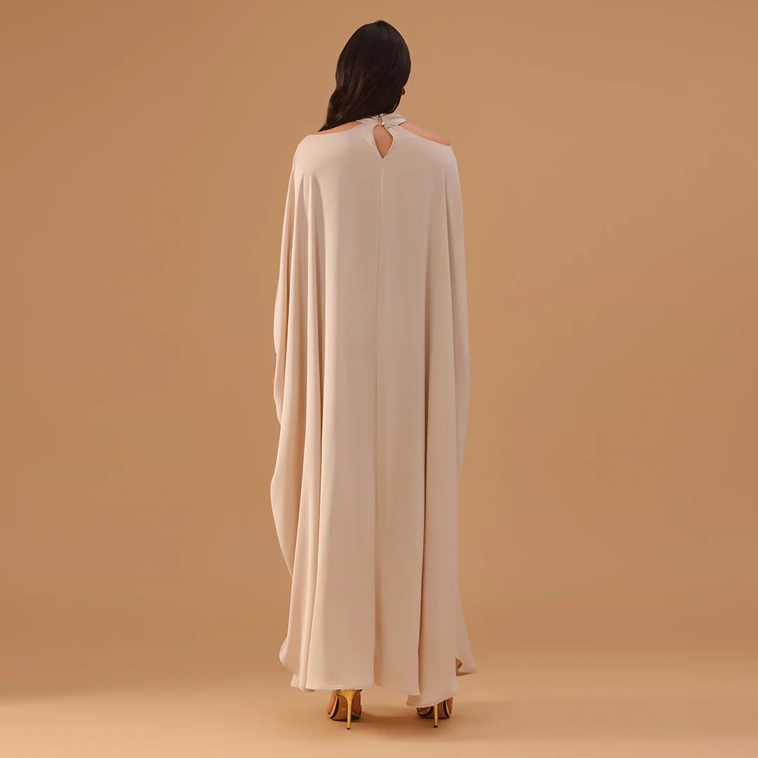Ivory Off-Shoulder Neck Strap Kaftan with Inner Belt - Image 4