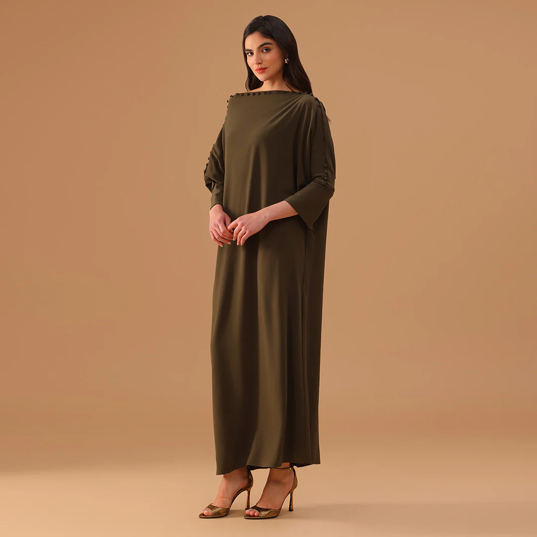 Green Off Shoulder Long Sleeve Crepe Kaftan - Image 2