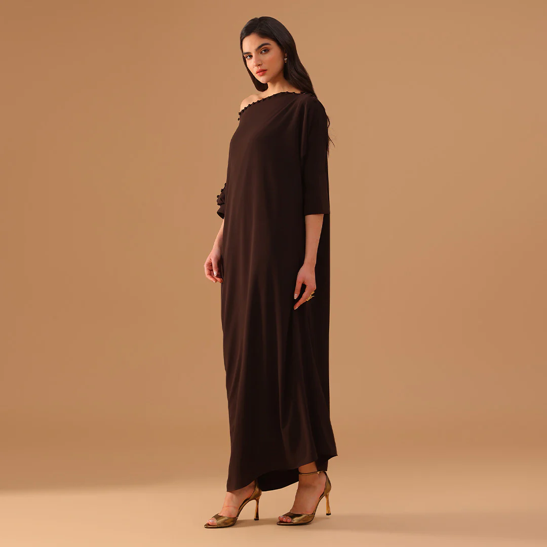 Brown Off Shoulder Long Sleeve Crepe Kaftan - Image 2