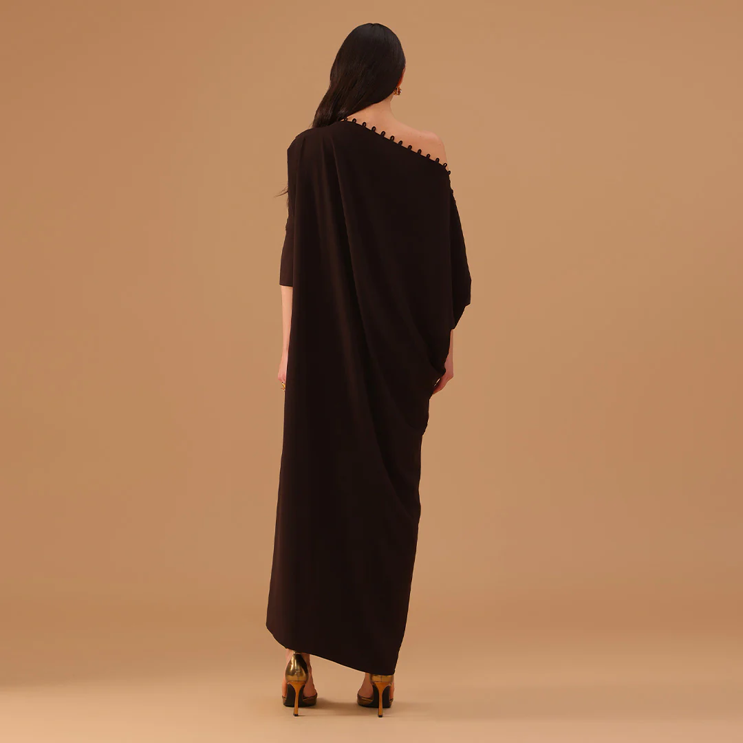Brown Off Shoulder Long Sleeve Crepe Kaftan - Image 4
