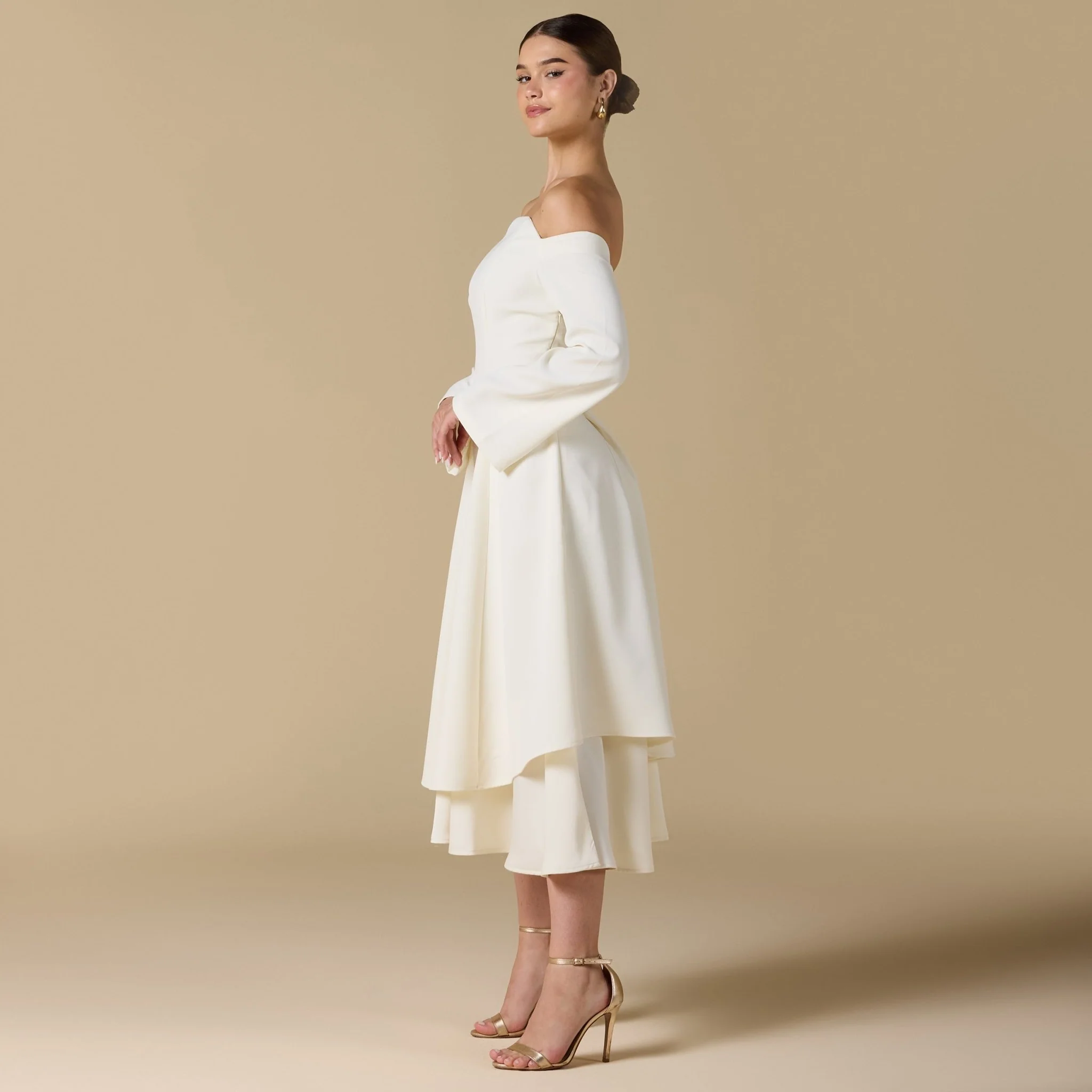 Off White Off-Shoulder Midi Dress - Image 3