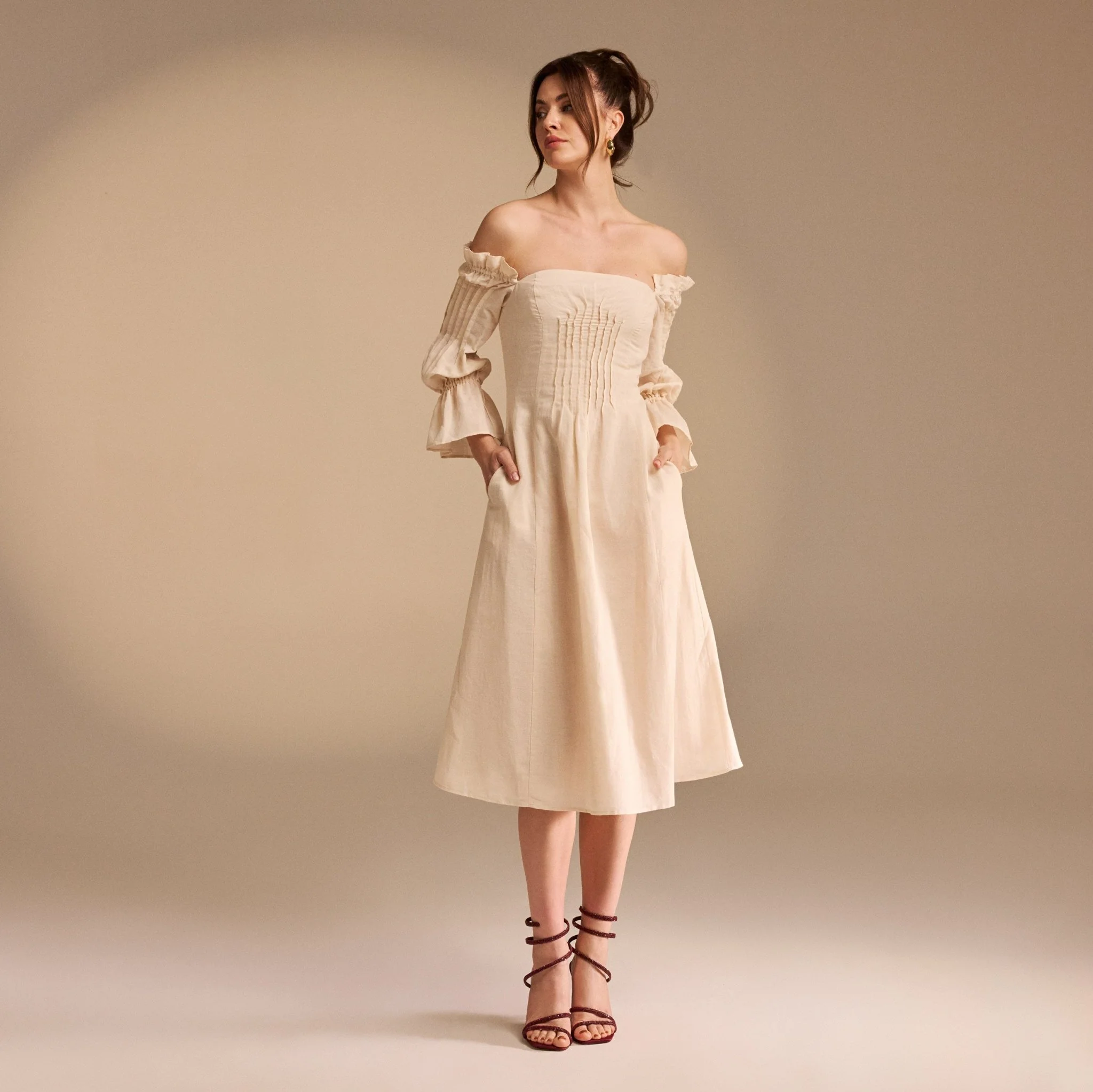 Beige Off Shoulder Puff Sleeve Midi Dress in Linen Cotton Blend - Image 2