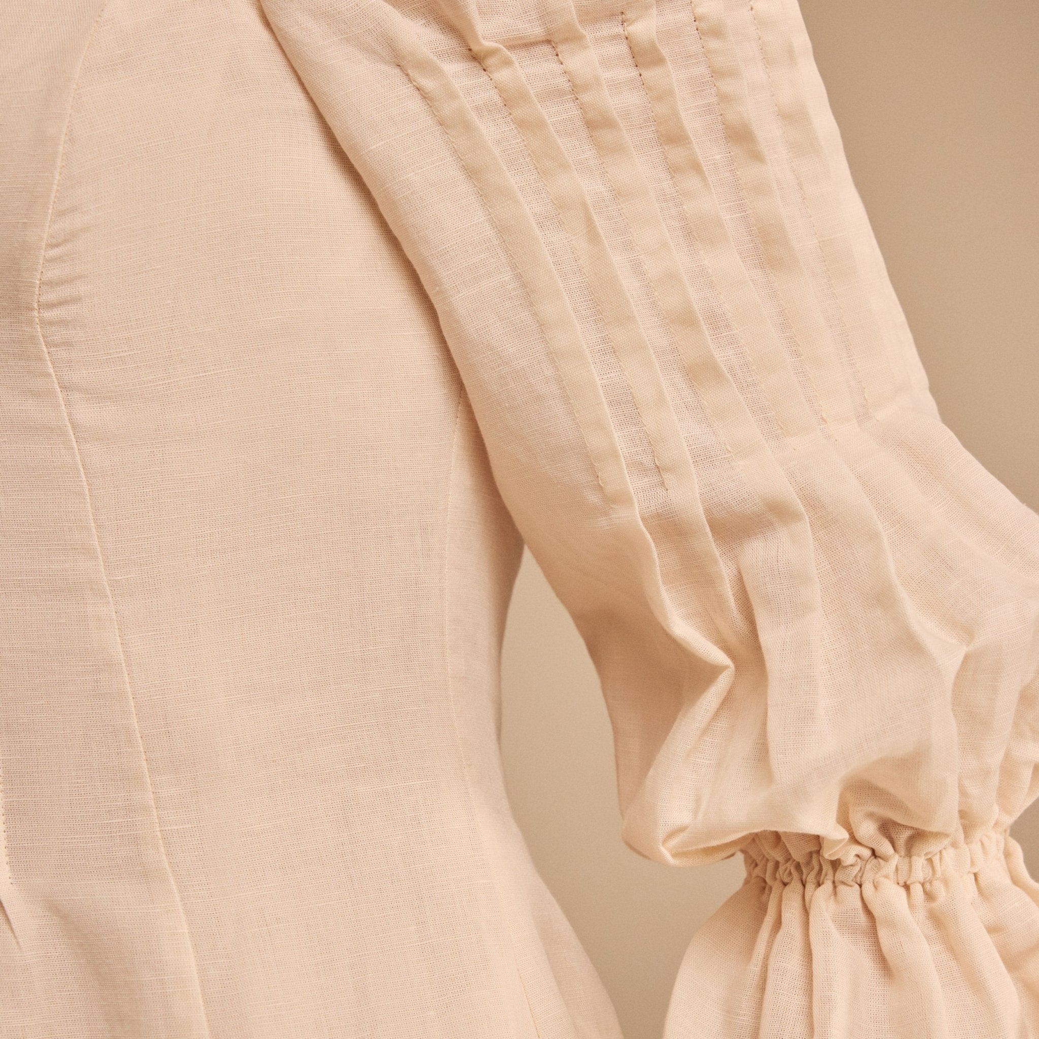 Beige Off Shoulder Puff Sleeve Midi Dress in Linen Cotton Blend - Image 3