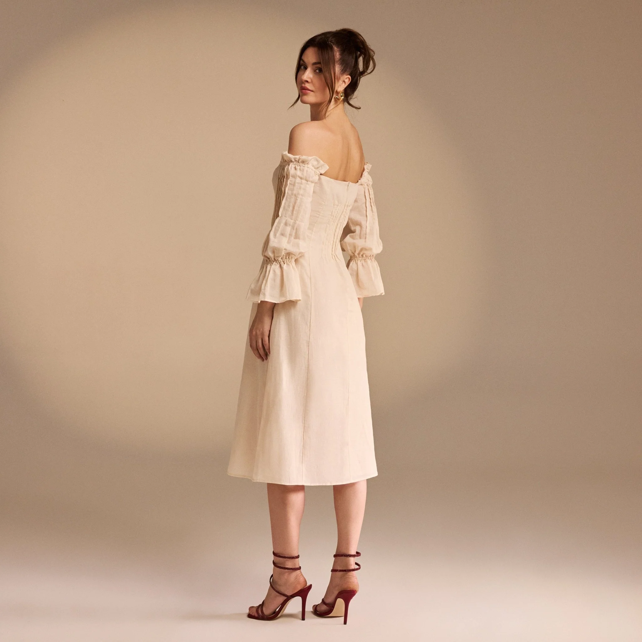 Beige Off Shoulder Puff Sleeve Midi Dress in Linen Cotton Blend - Image 4