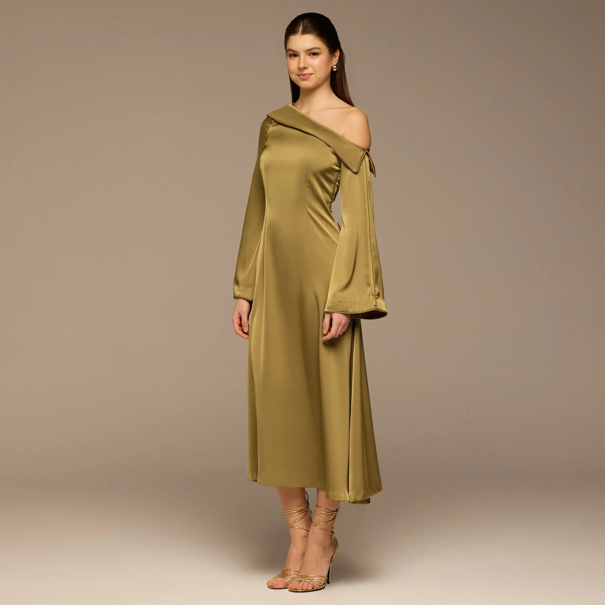 Olive Fold Neck Satin Dress - Image 2