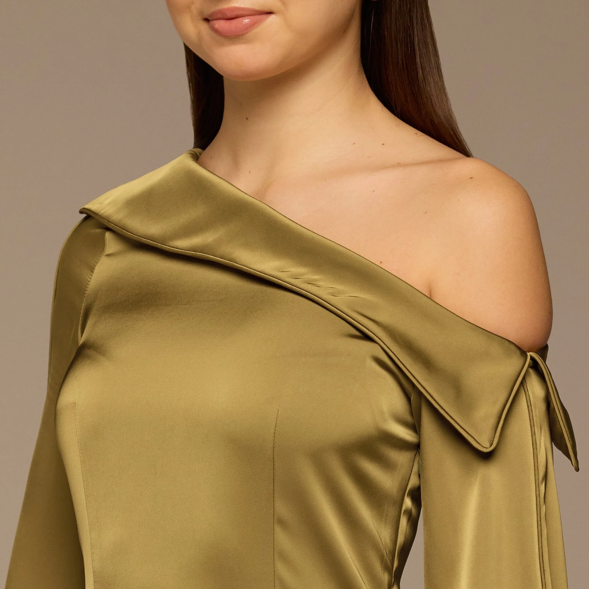 Olive Fold Neck Satin Dress - Image 3