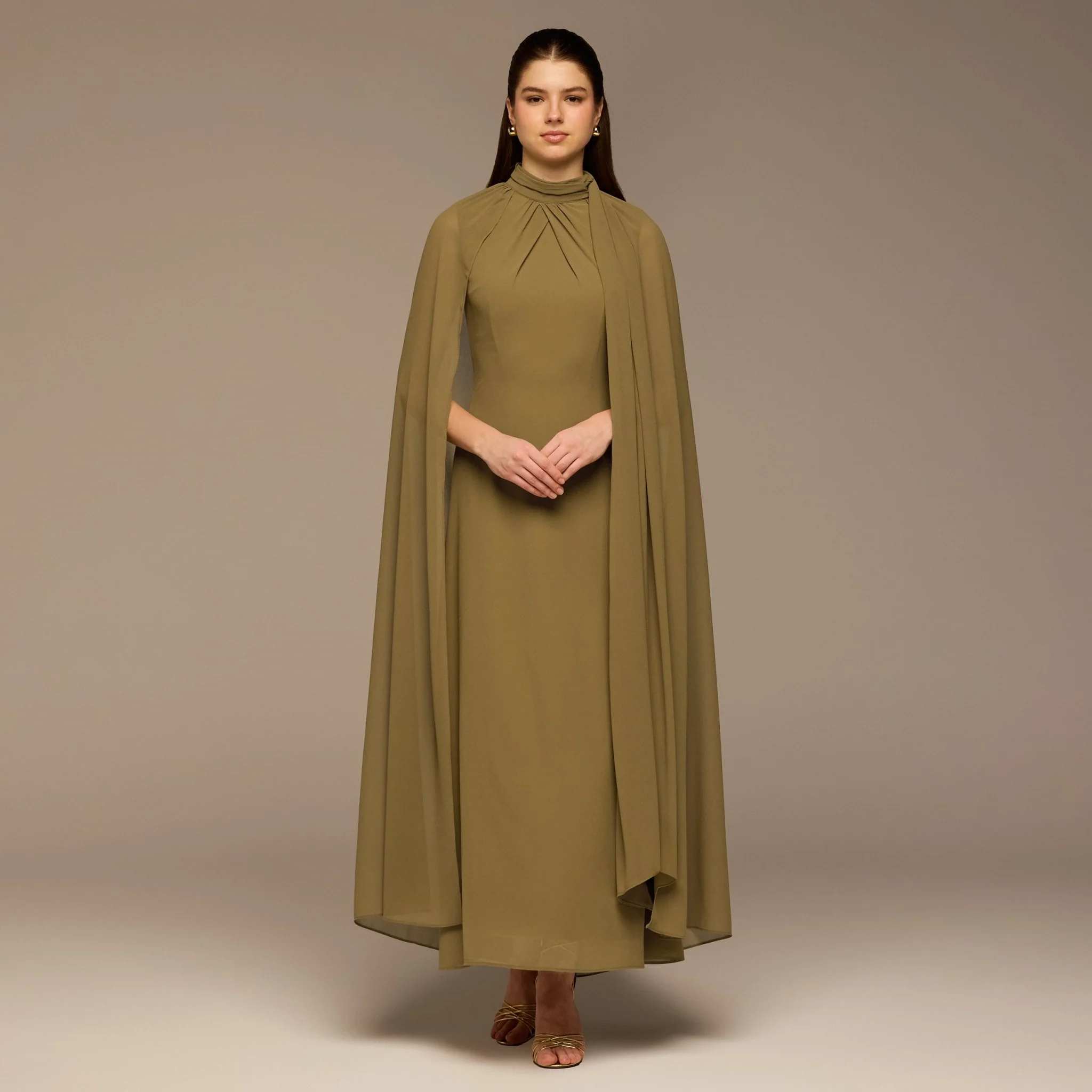 Olive High Neck Chiffon Maxi Dress
