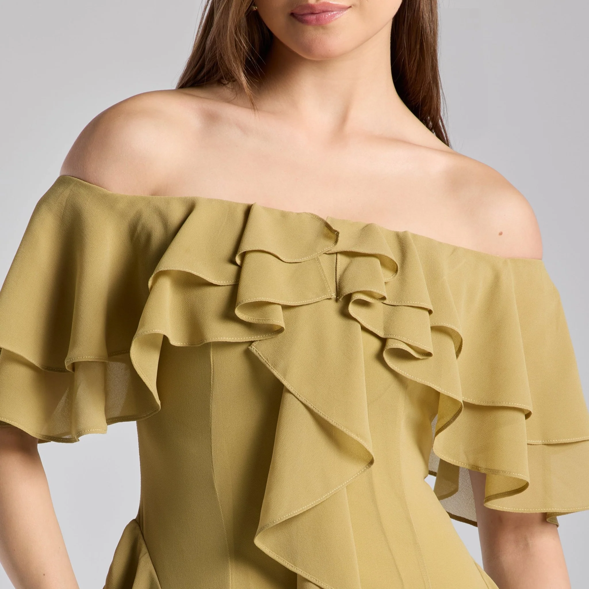 Olive Green Off Shoulder Chiffon Maxi Dress With Ruffles - Image 3