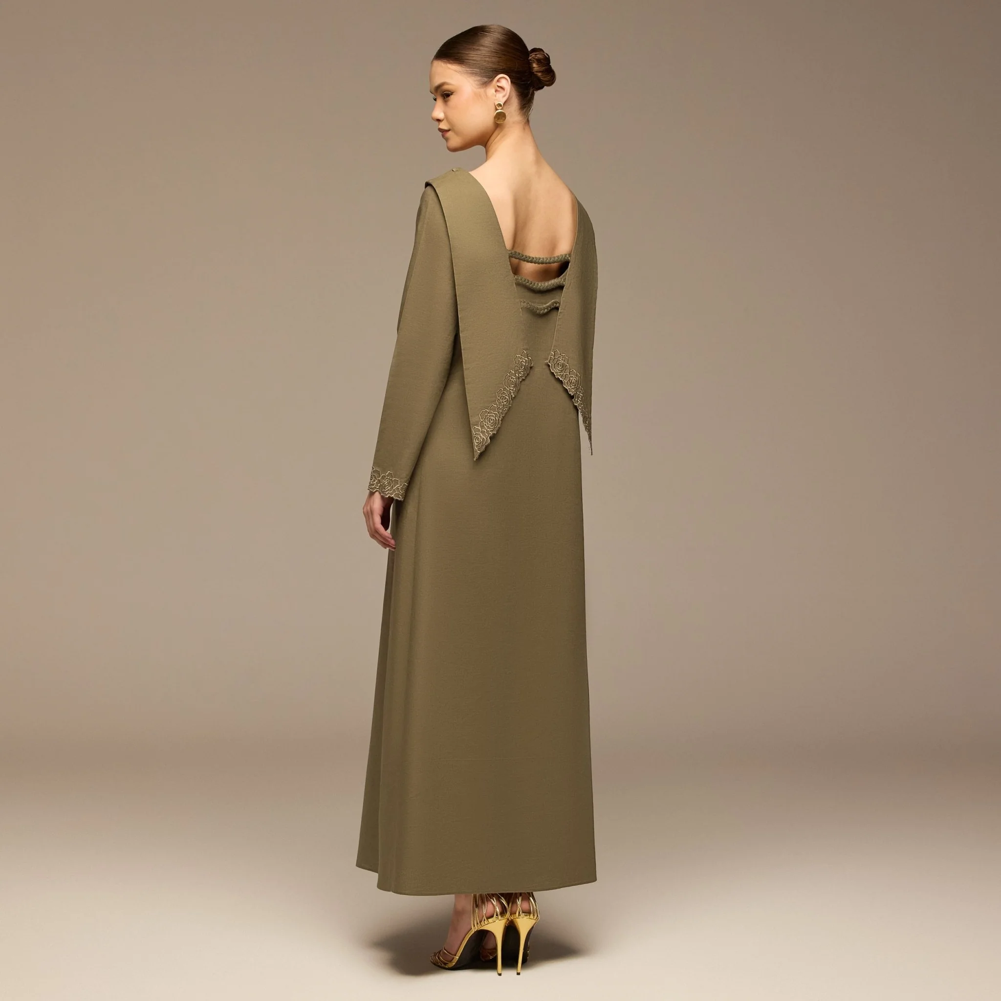Olive Folded-Neck Linen Maxi Dress - Image 2