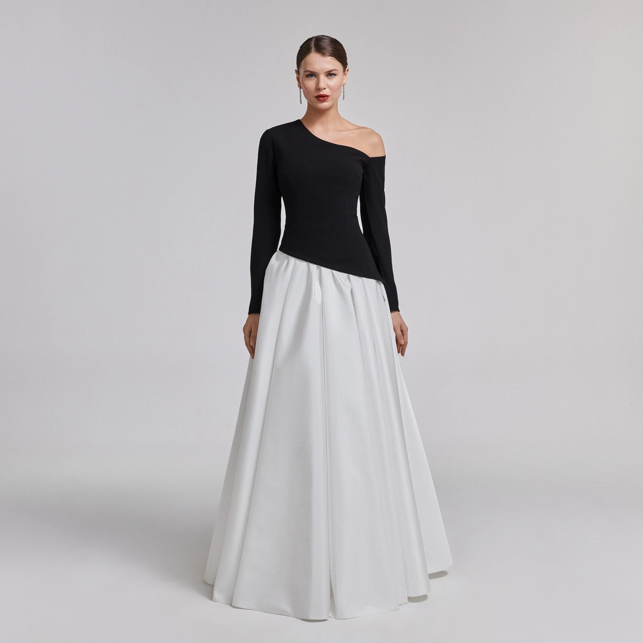 One-Shoulder Black & White Crepe and Taffeta Ball Gown