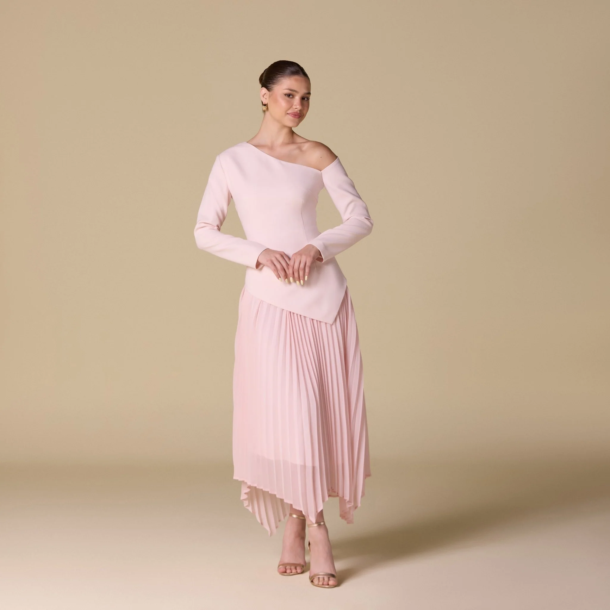 One-shoulder Crepe Dress With Pleated Skirt