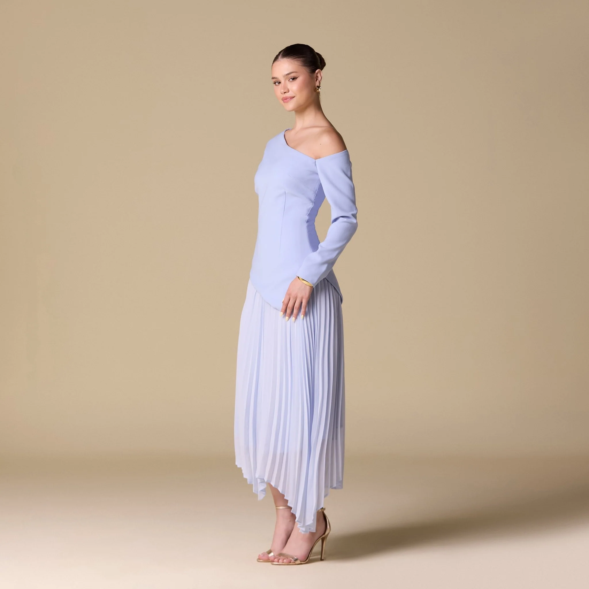 One-shoulder Crepe Dress With Pleated Skirt - Image 6