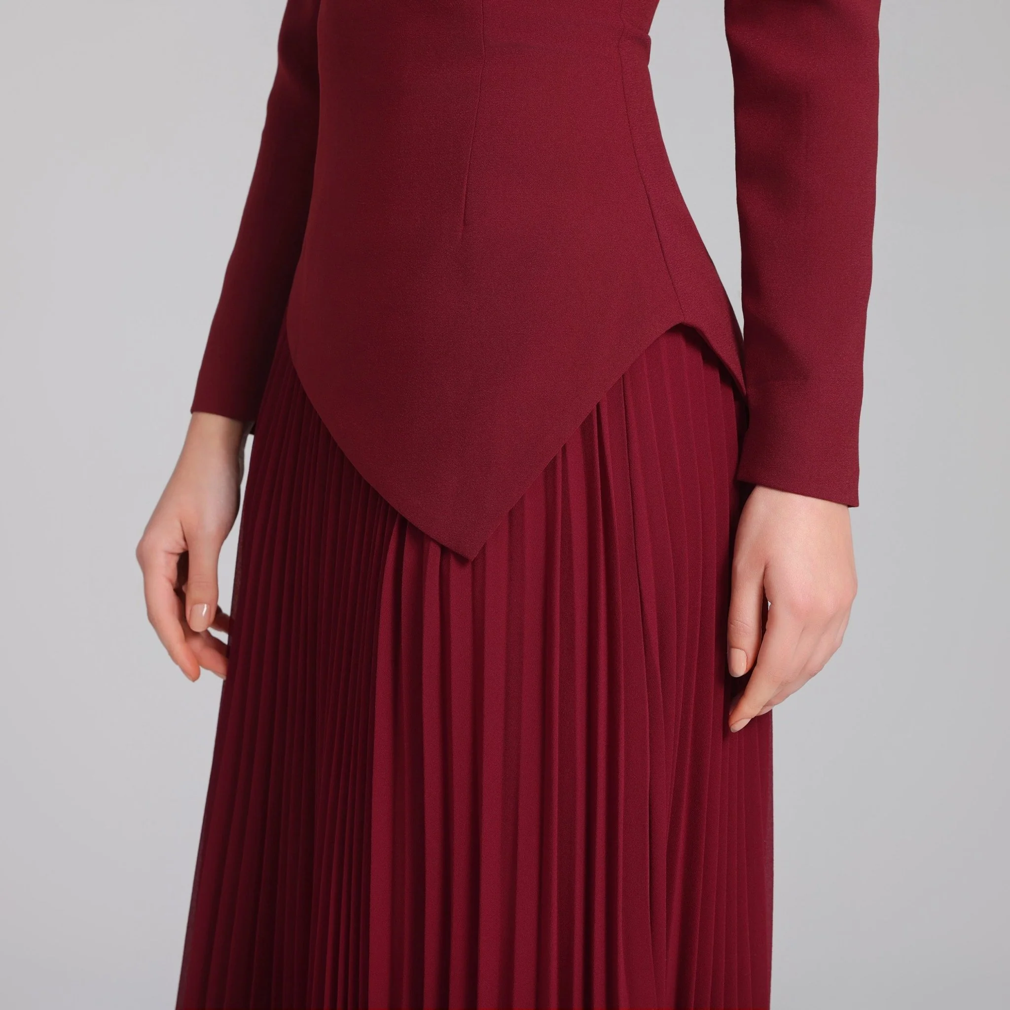 Burgundy One-shoulder Crepe Dress With Pleated Skirt - Image 3