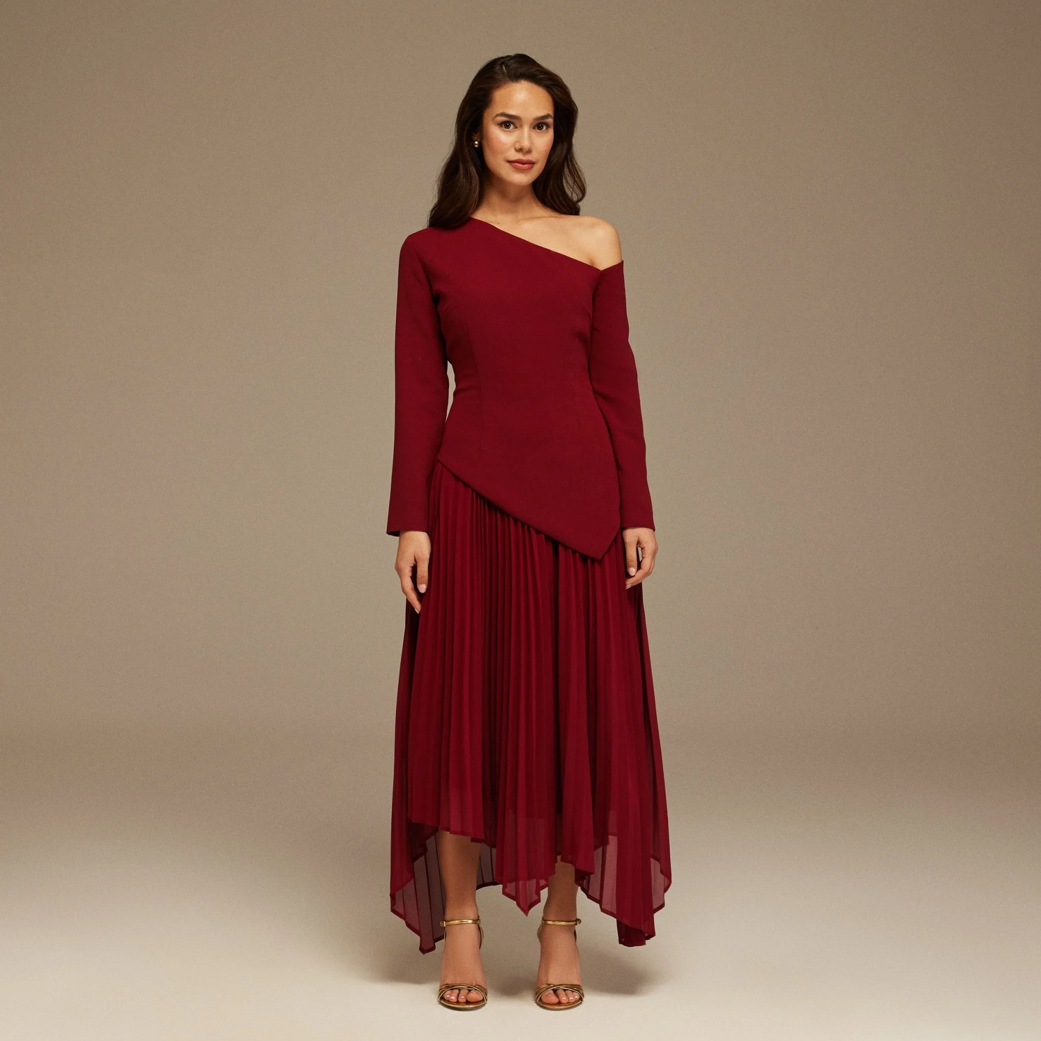 One-shoulder Crepe Dress With Pleated Skirt