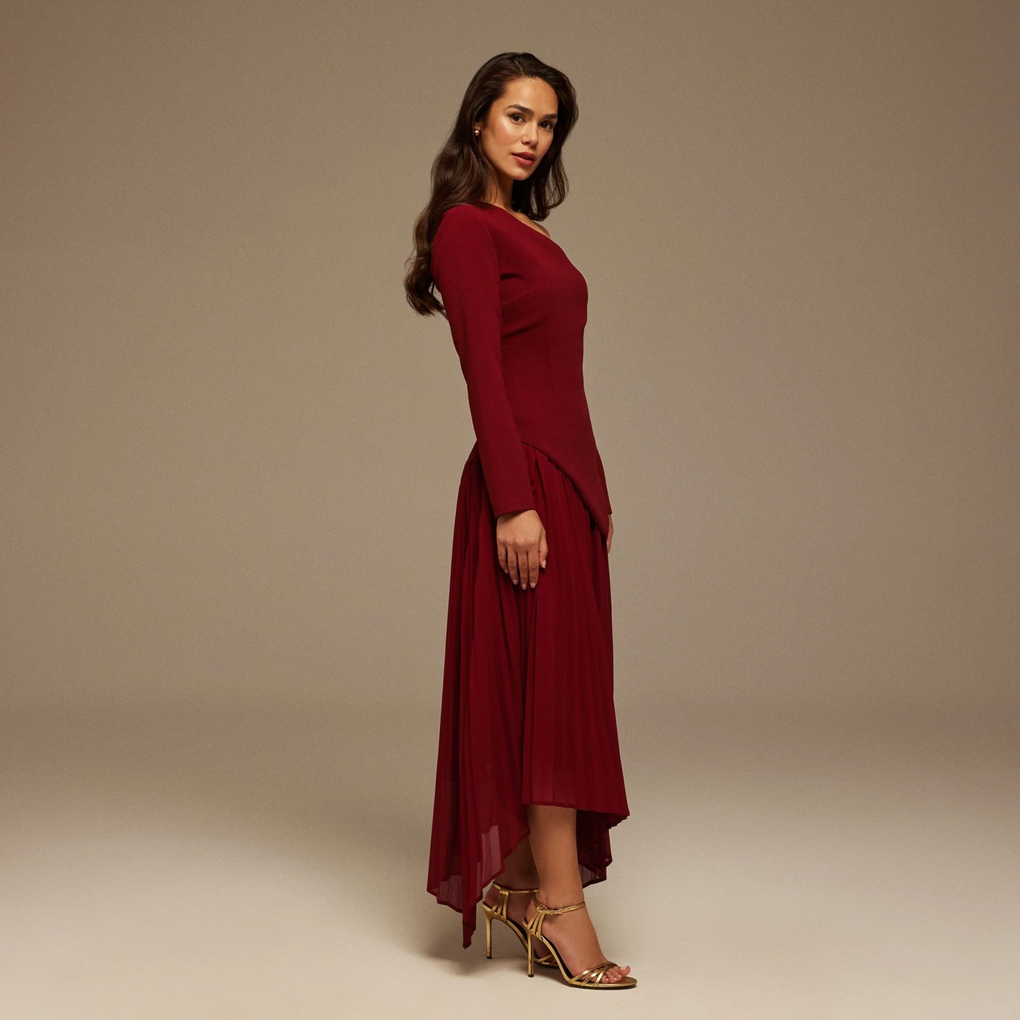 One-shoulder Crepe Dress With Pleated Skirt - Image 2