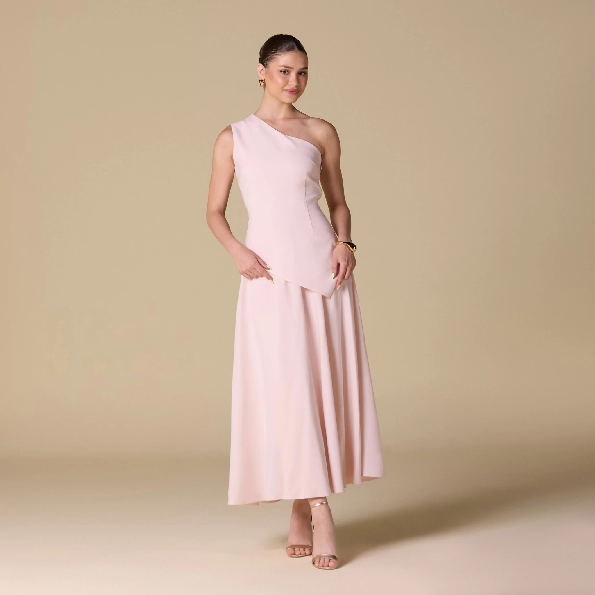 One Shoulder Crepe Midi Dress