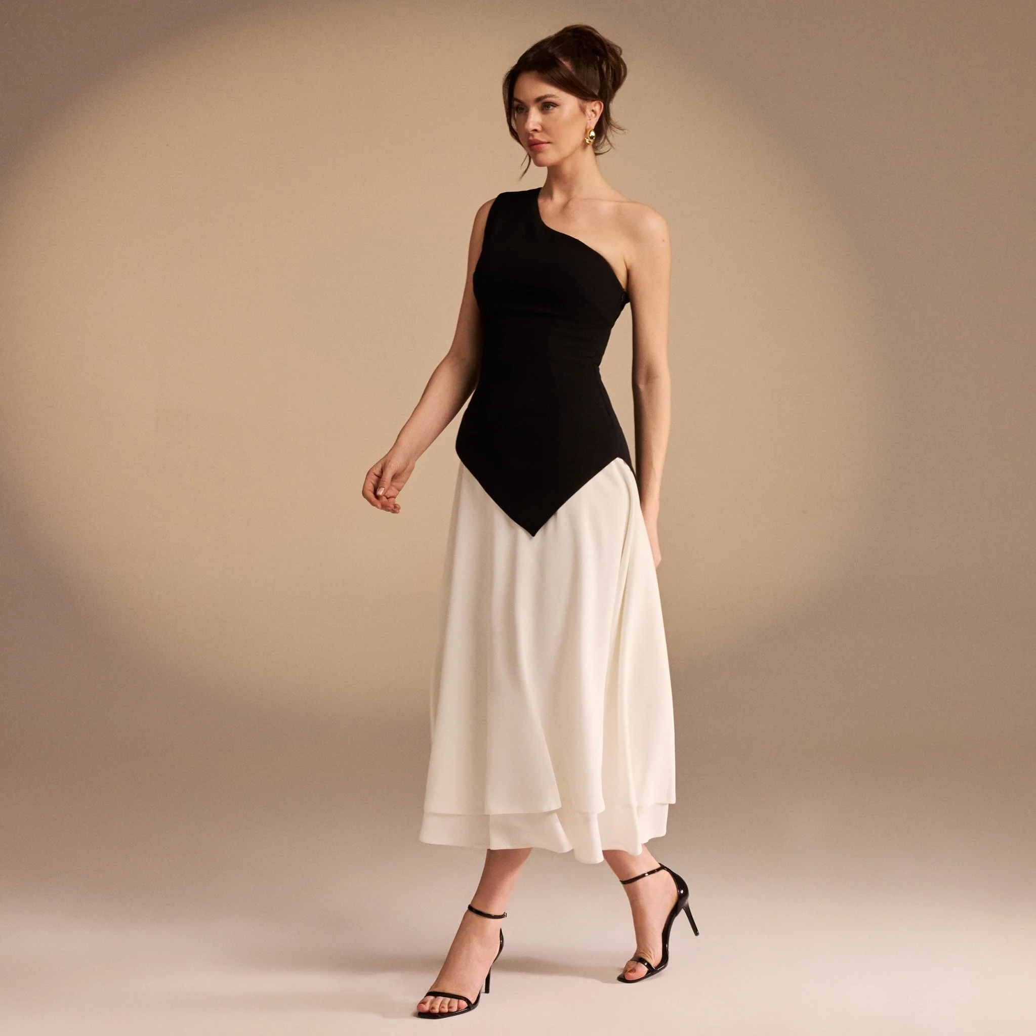 One Shoulder Crepe Midi Dress