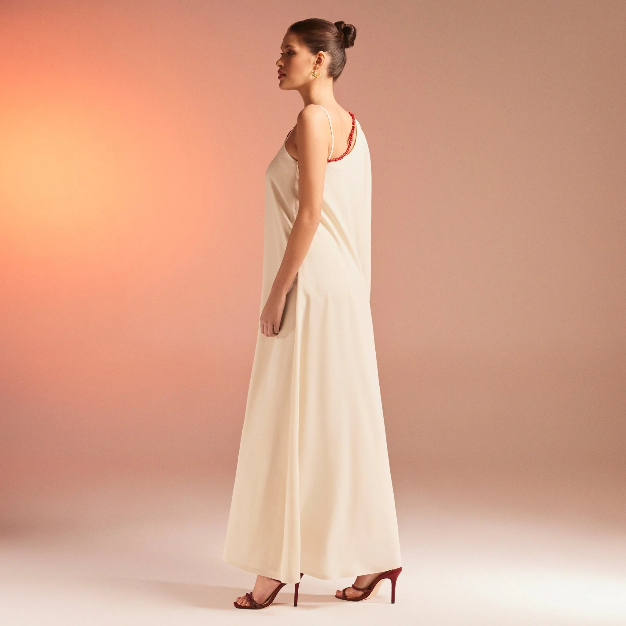 Beige One Shoulder Long Sleeve Crepe Kaftan - Image 3