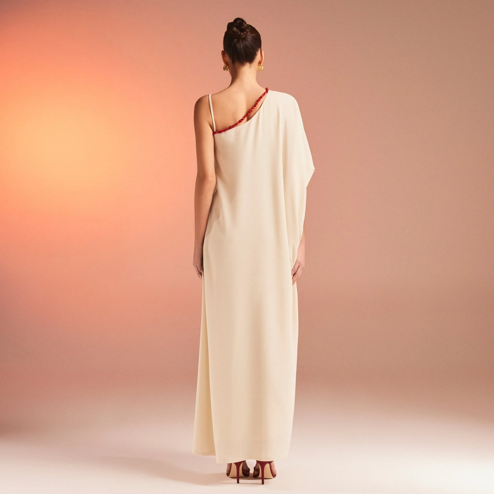 Beige One Shoulder Long Sleeve Crepe Kaftan - Image 4