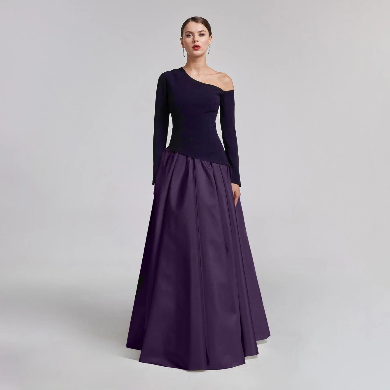 One-Shoulder Purple Crepe and Taffeta Ball Gown