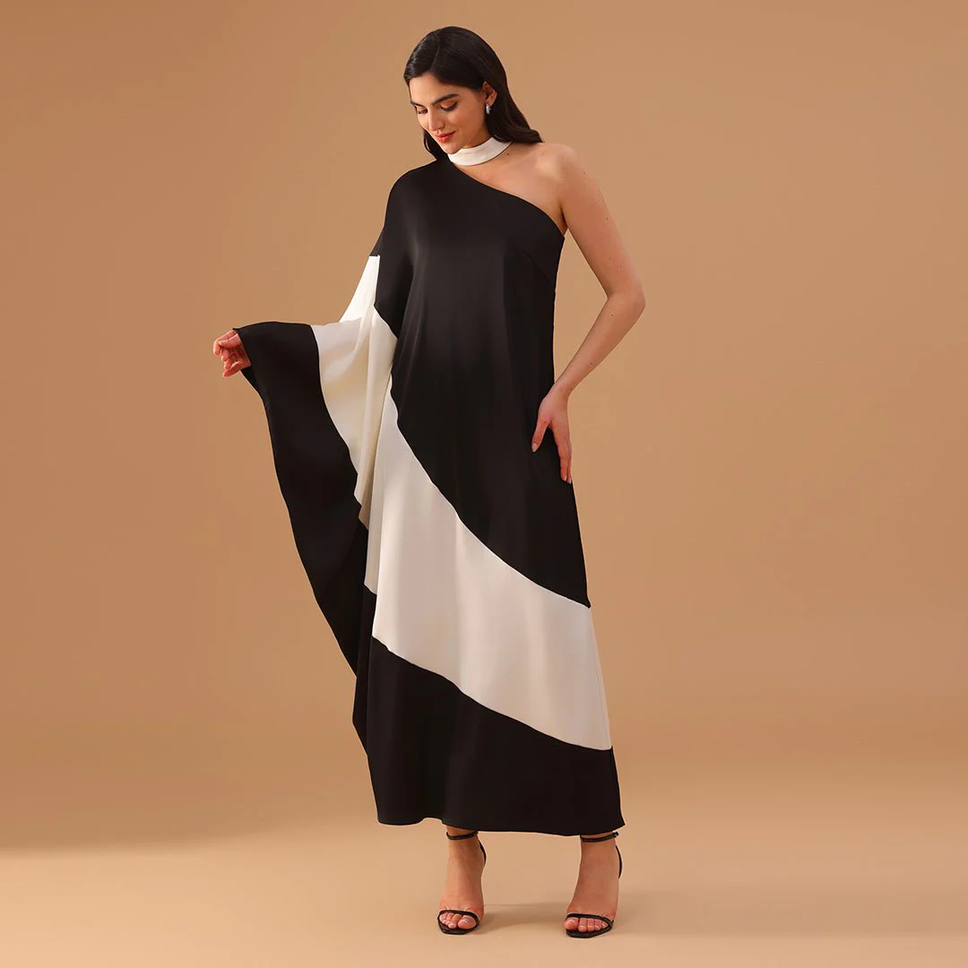 Black & White One Shoulder Satin Kaftan - Image 3
