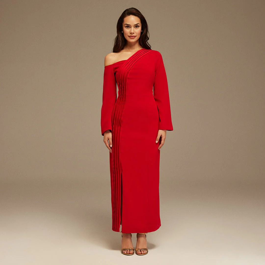 Red Open Shoulder Maxi Crepe Dress