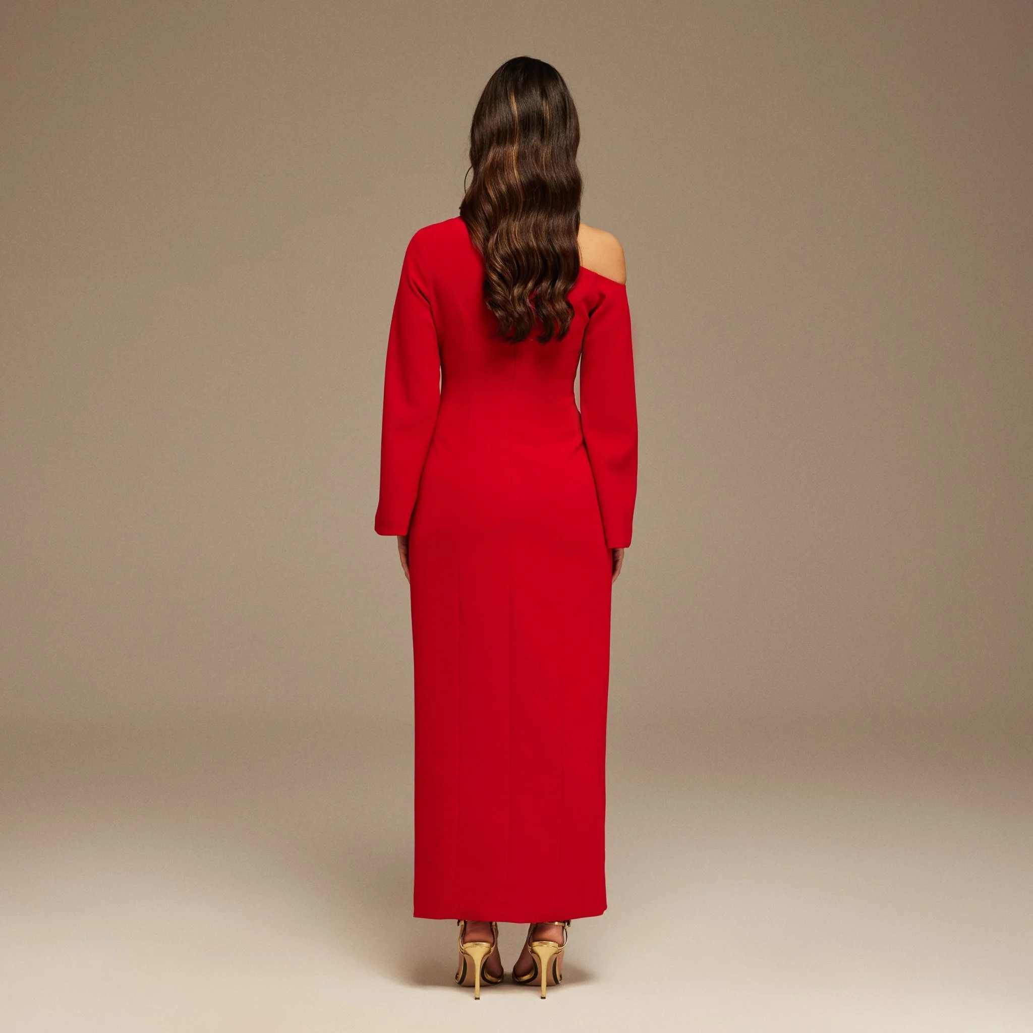 Red Open Shoulder Maxi Crepe Dress - Image 4