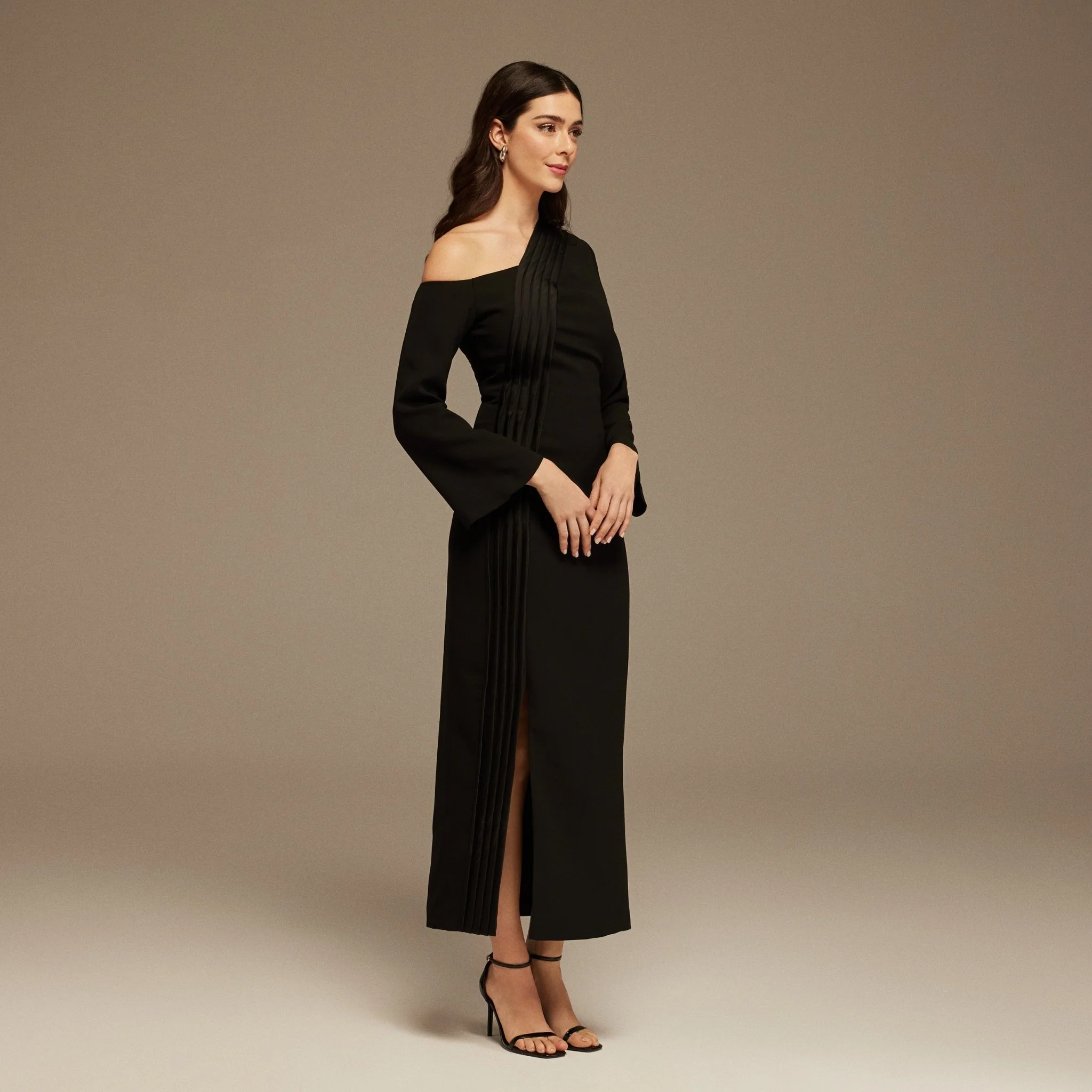 Black Open Shoulder Maxi Crepe Dress - Image 2
