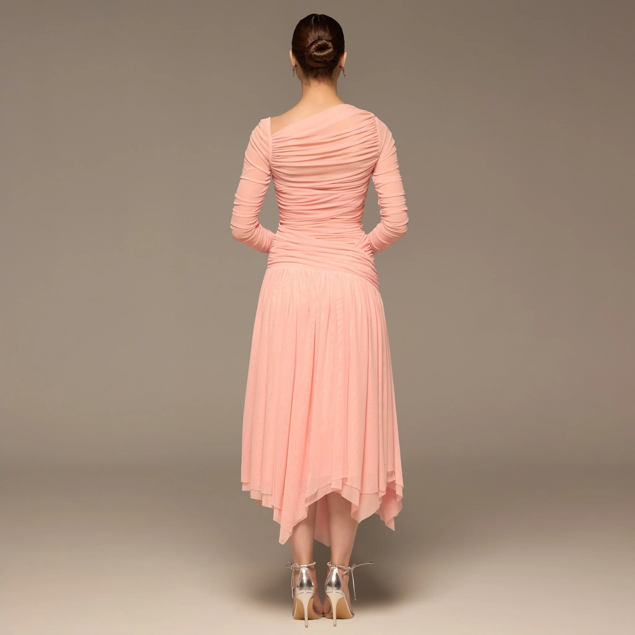 Pink Asymmetric Ruched Tulle Maxi Dress - Image 4
