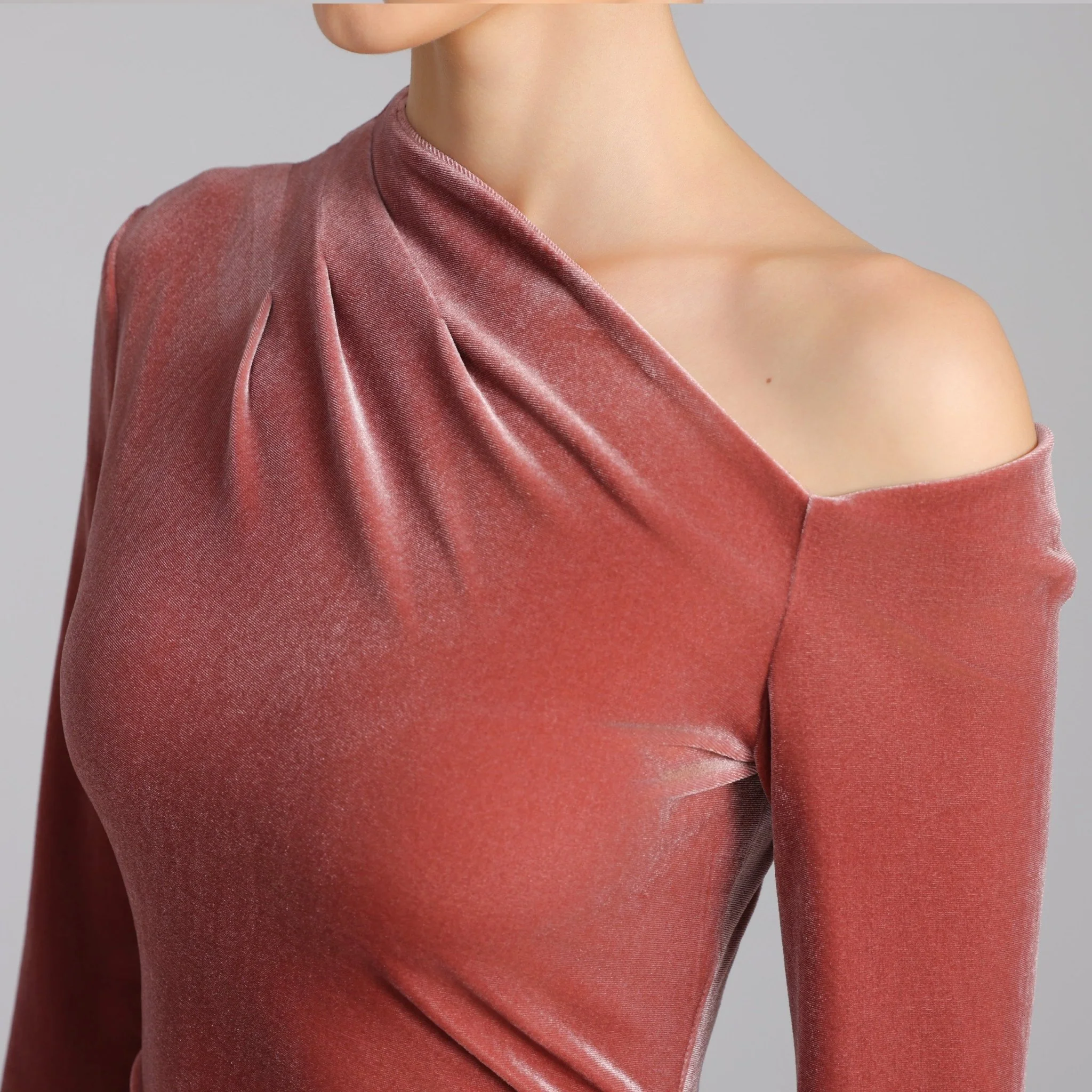 Pink Bare Shoulder Velvet Midi Dress - Image 3