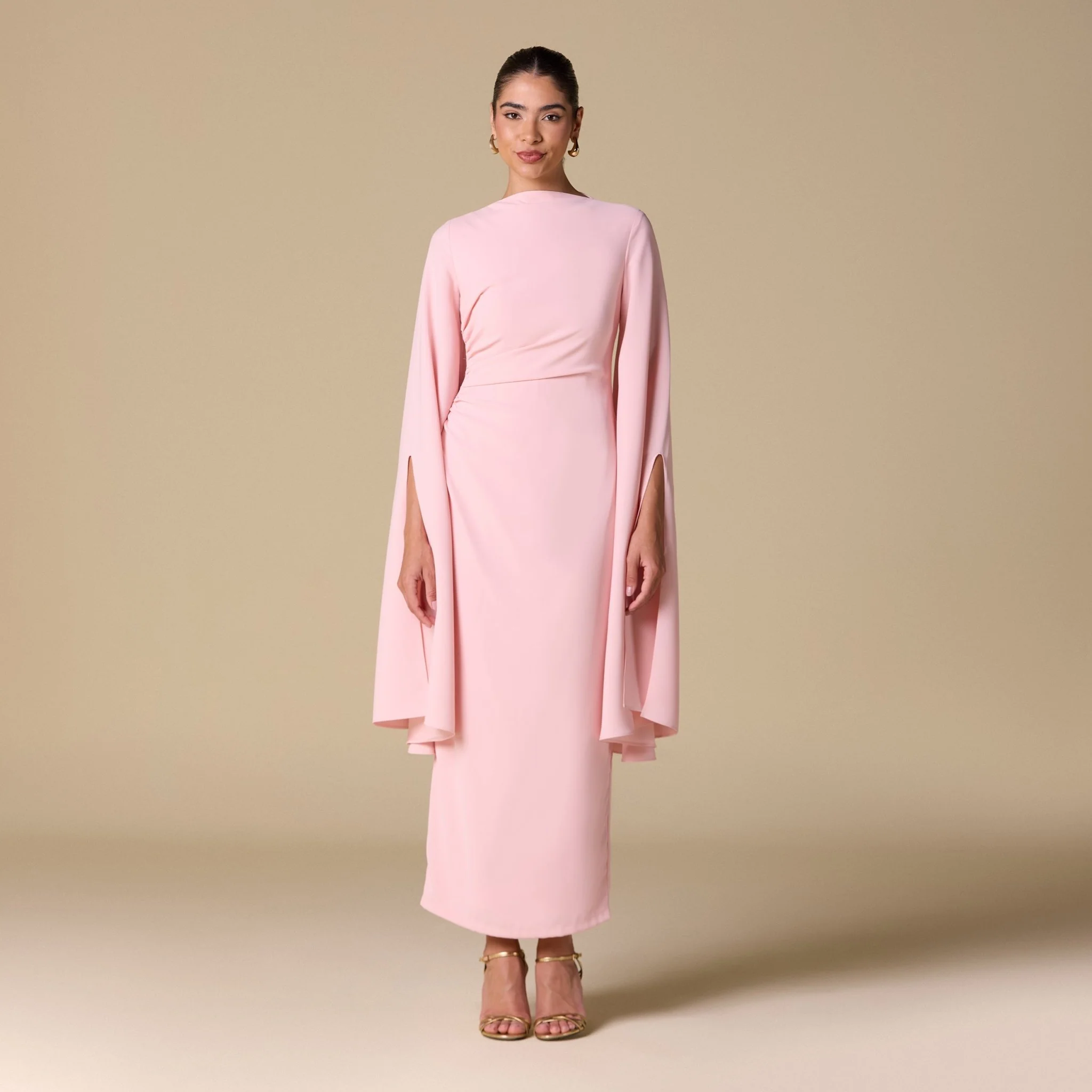 Pink Crepe Draped Midi Dress with dramatic cape sleeves