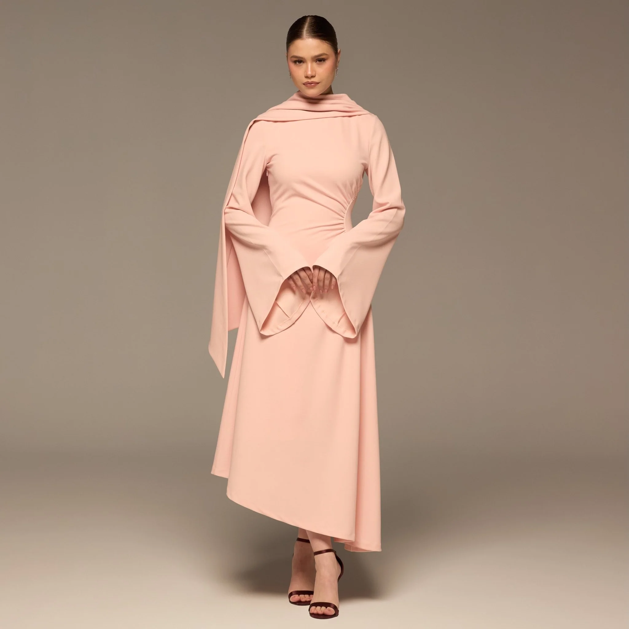 Pink Gathered Waist Midi Dress with Scarf