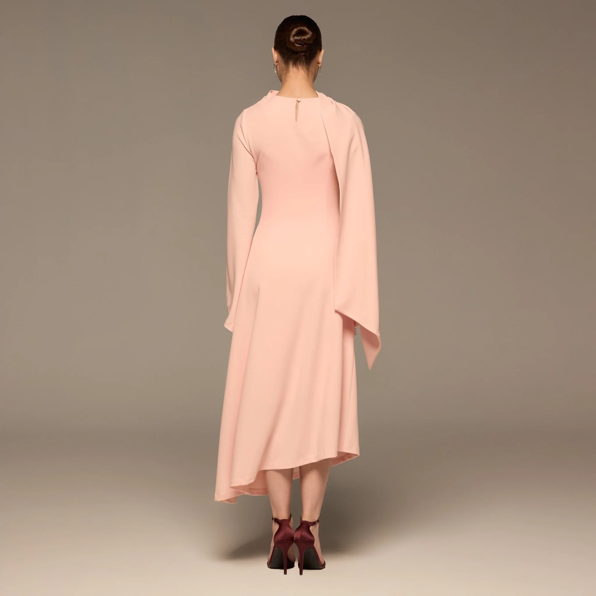 Pink Gathered Waist Midi Dress with Scarf - Image 5