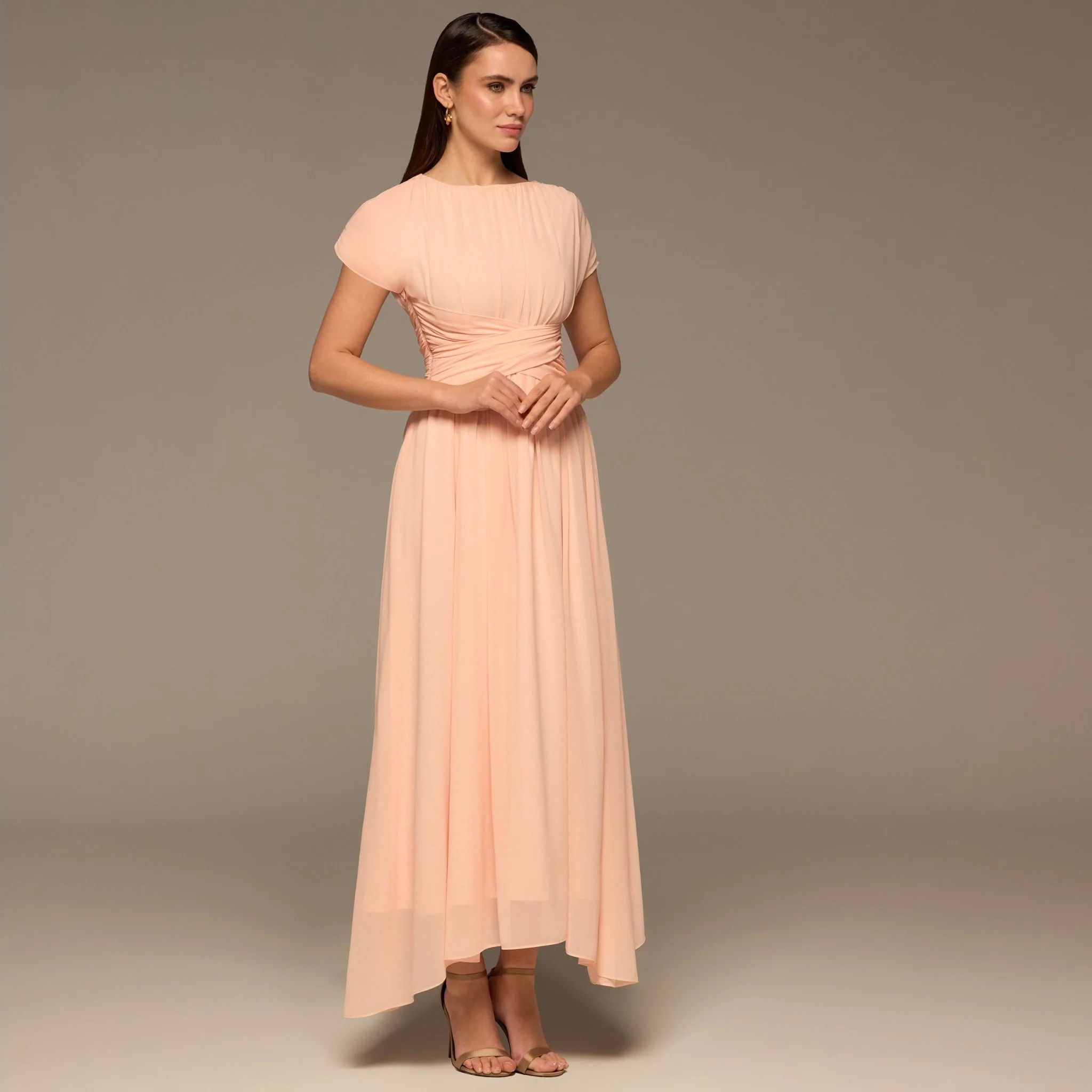 Pink Pleated High-Low Dress with Draped Bodice - Image 2