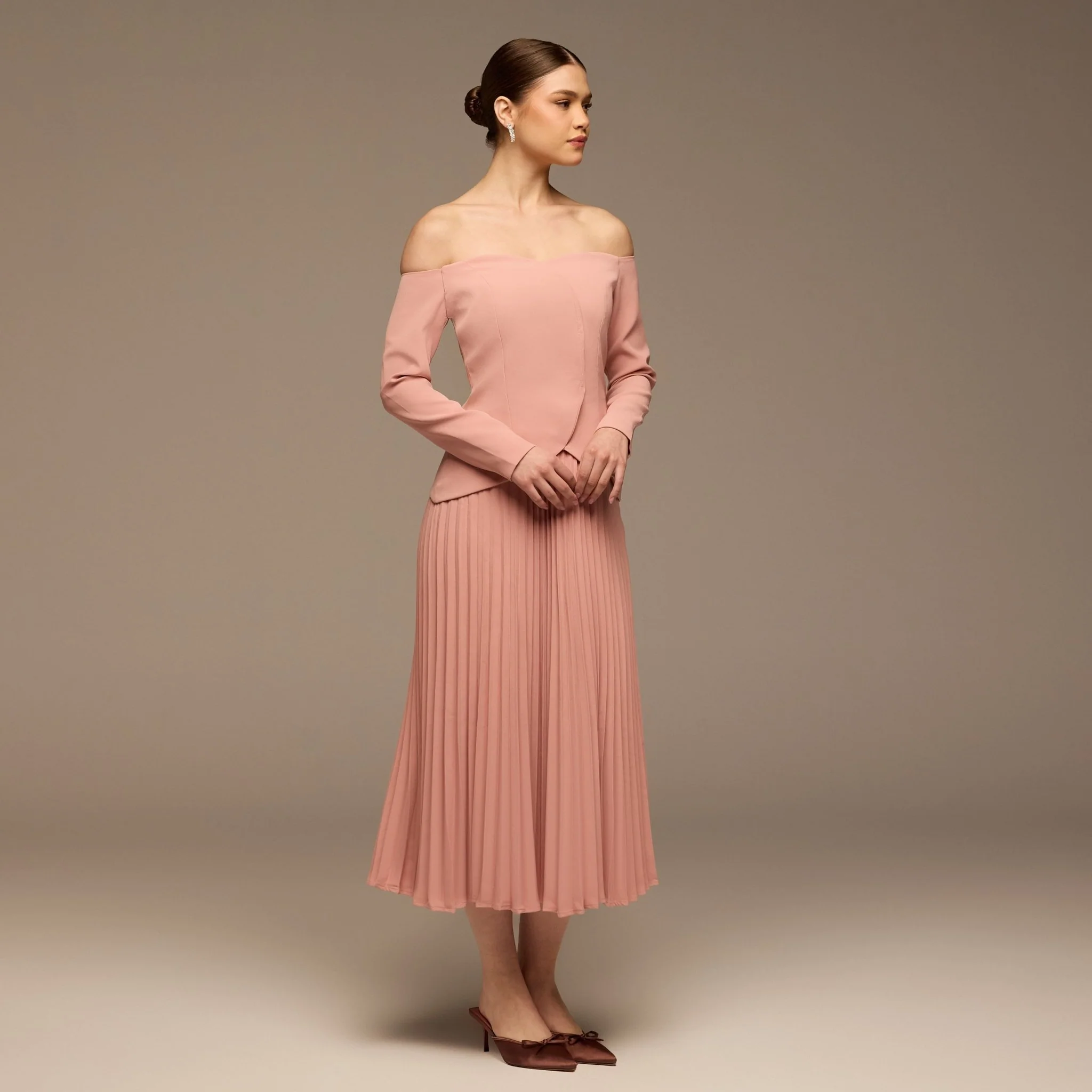 Pink Crepe & Chiffon Pleated Maxi Dress - Image 2