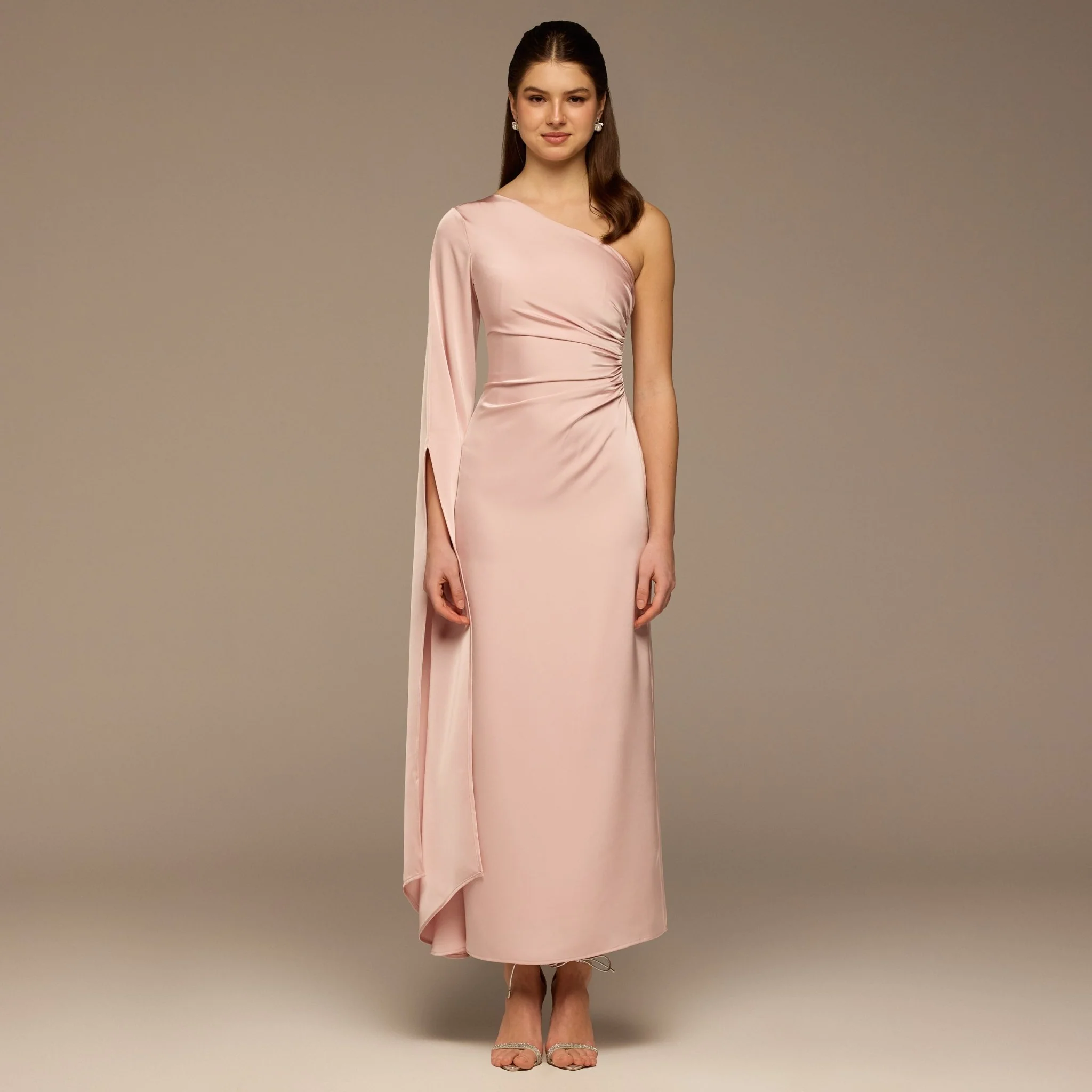 Pink One-Shoulder Gathered Waist Satin Dress - Image 2