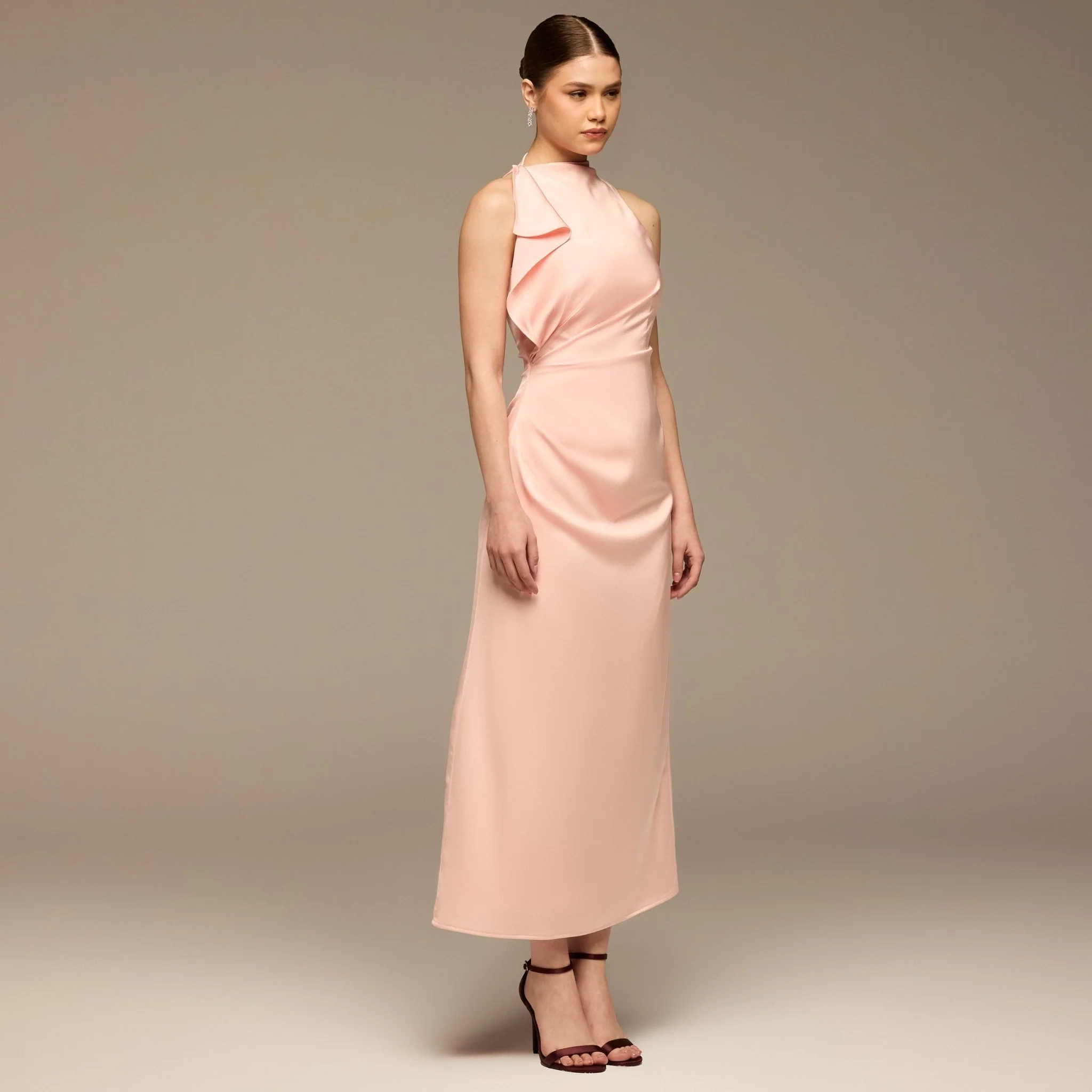 Pink Crepe Satin Draped Maxi Dress - Image 2