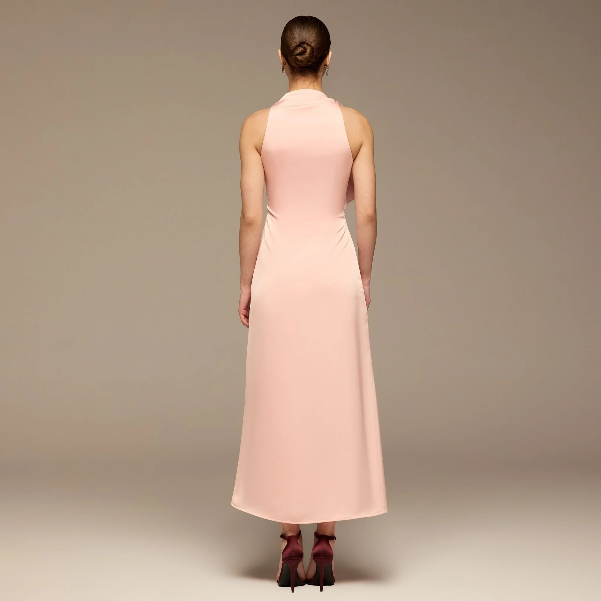 Pink Crepe Satin Draped Maxi Dress - Image 4