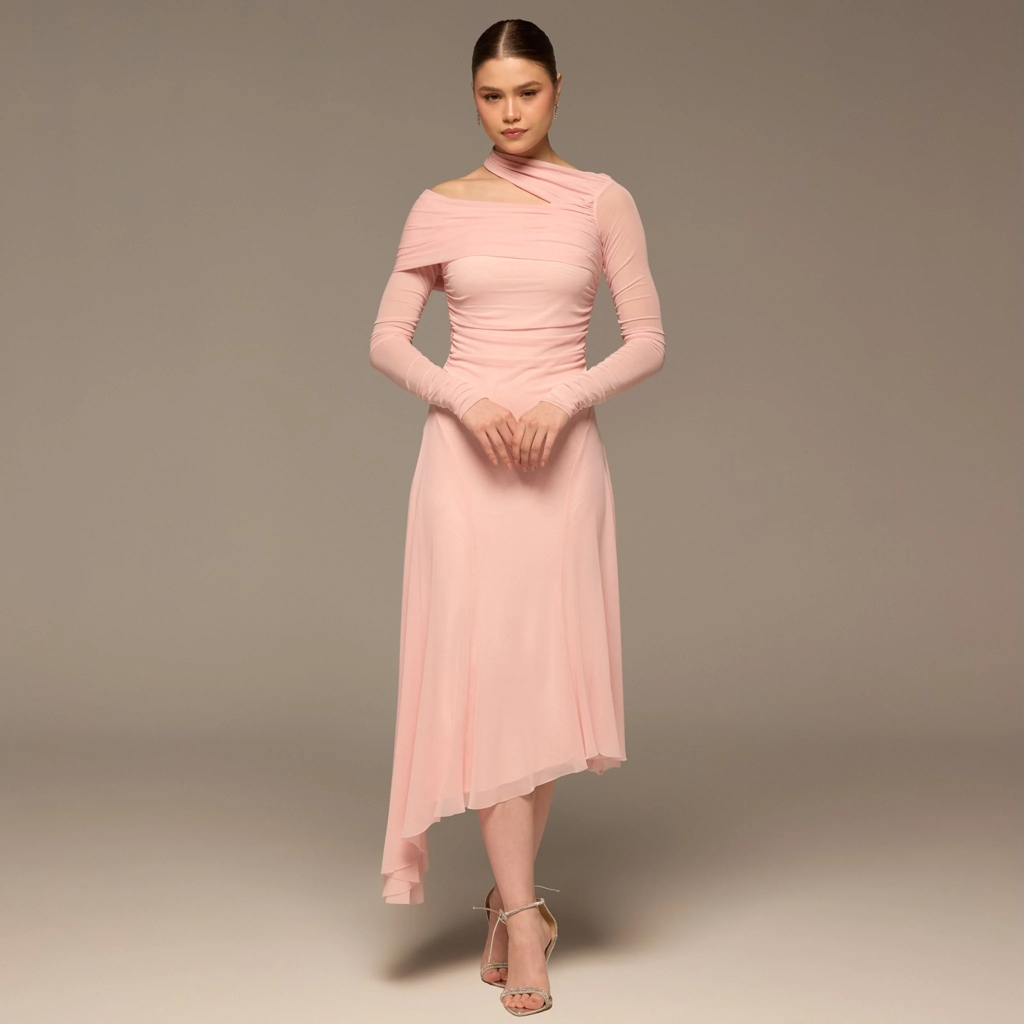 Pink Diagonal Neck Tulle Maxi Dress - Image 2