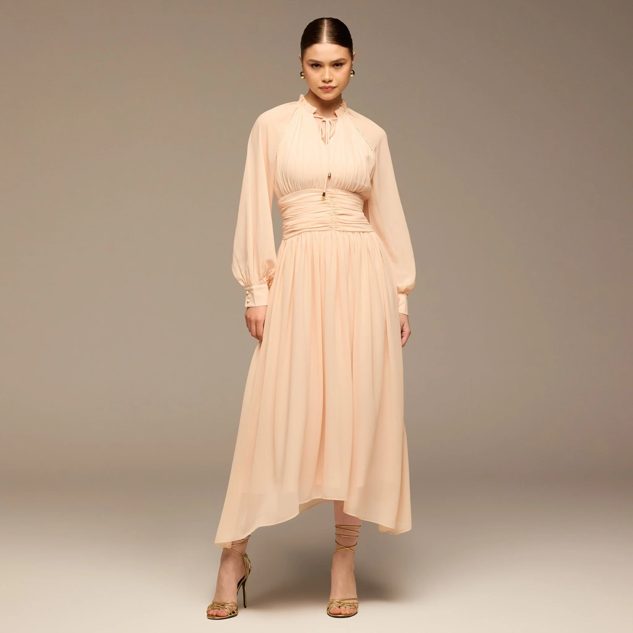 Pink Gathered Waist Chiffon Maxi Dress